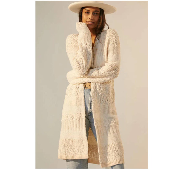 New Anthropologie Textured Duster Cardigan $180 SMALL Ivory Open Style